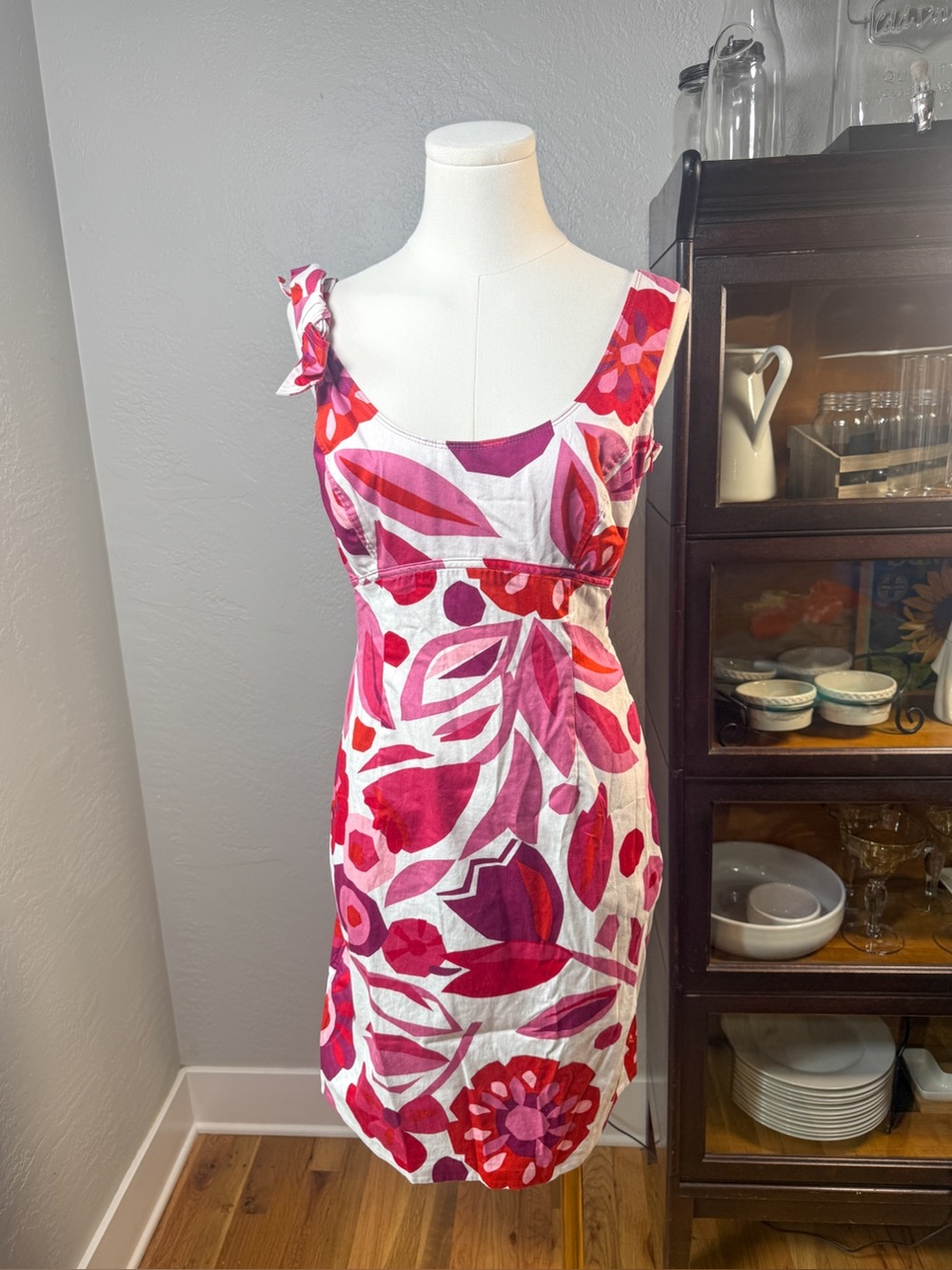 Donna Morgan Pink Red Large Floral Print Cotton Spandex Summer Dress Size 4